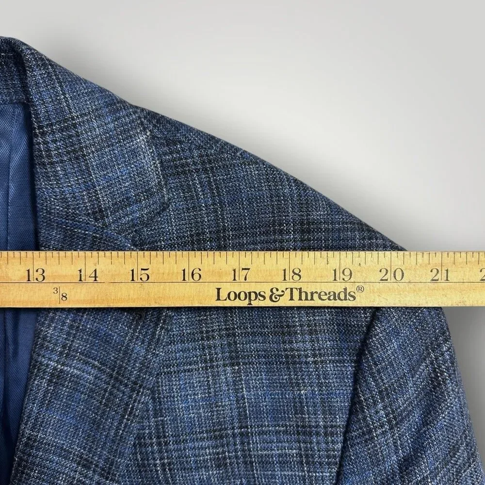 JOSEPH ABBOUD Mens Blazer Sport Coat Suit Jacket 48R SILK/WOOL/LINEN Plaid Blue